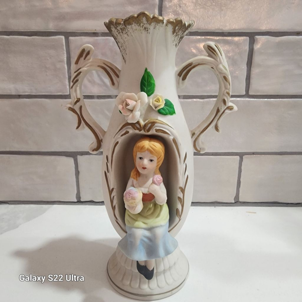 Bisque Porcelain Double Handle Victorian Figurine Vase. 1950's